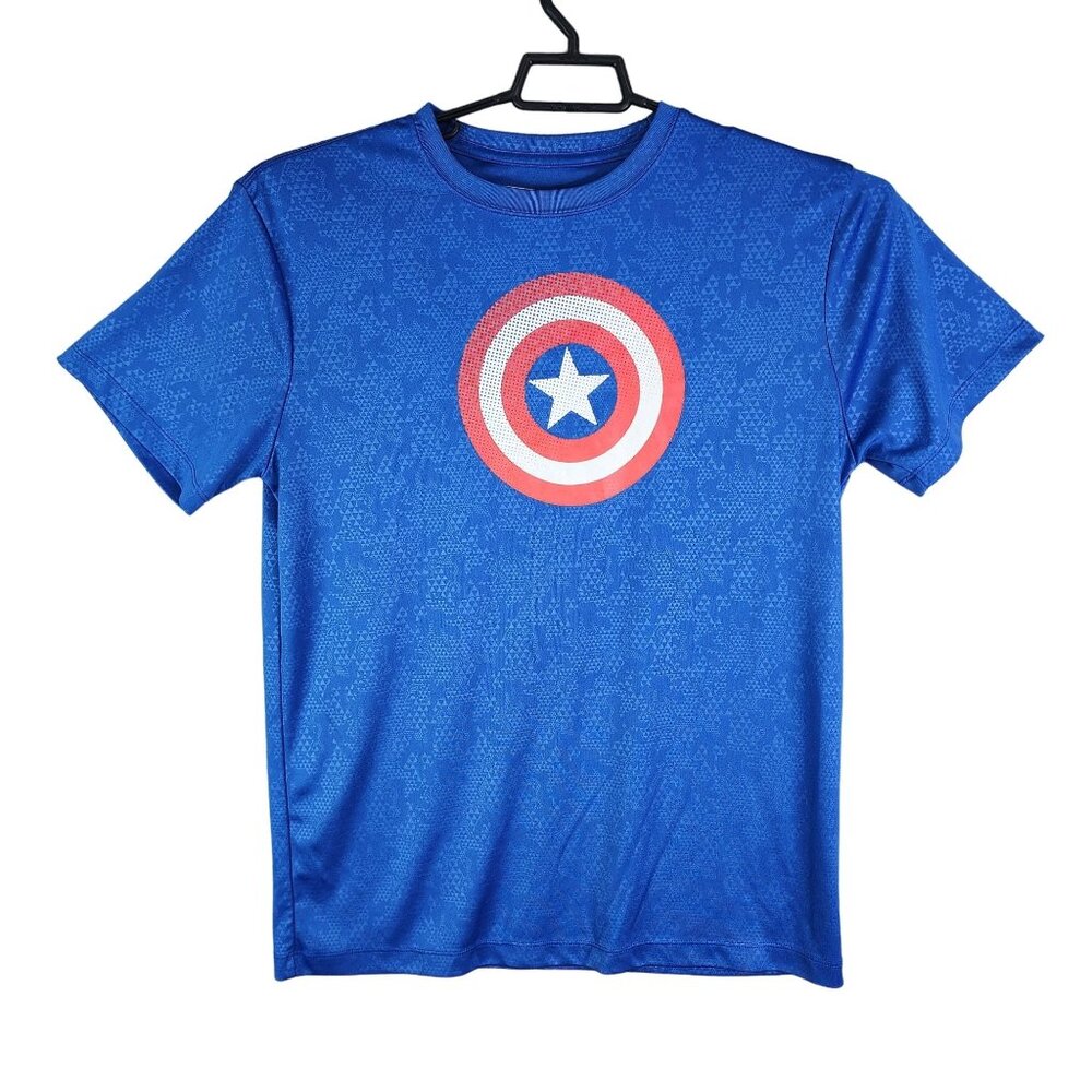 Men's Blue Marvel Captain America Shield Shirt 100% Polyester Short Sleeve L